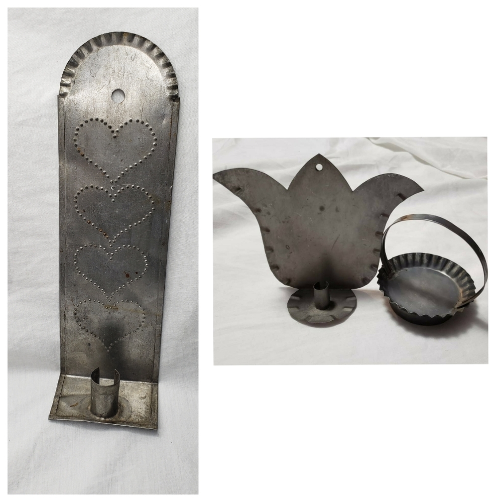 Three Distressed Vintage Primitive Tin Decor Pieces Candle and Tart Holders
